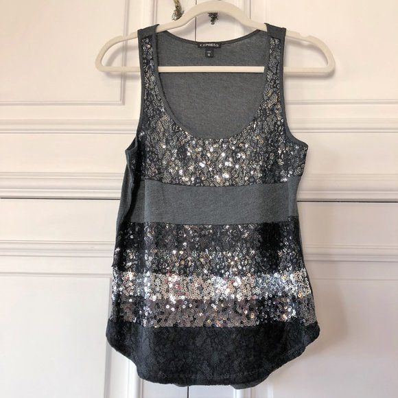 Sparkly Gray Sequin & Lace Tank Top by Express XS - Picture 1 of 16